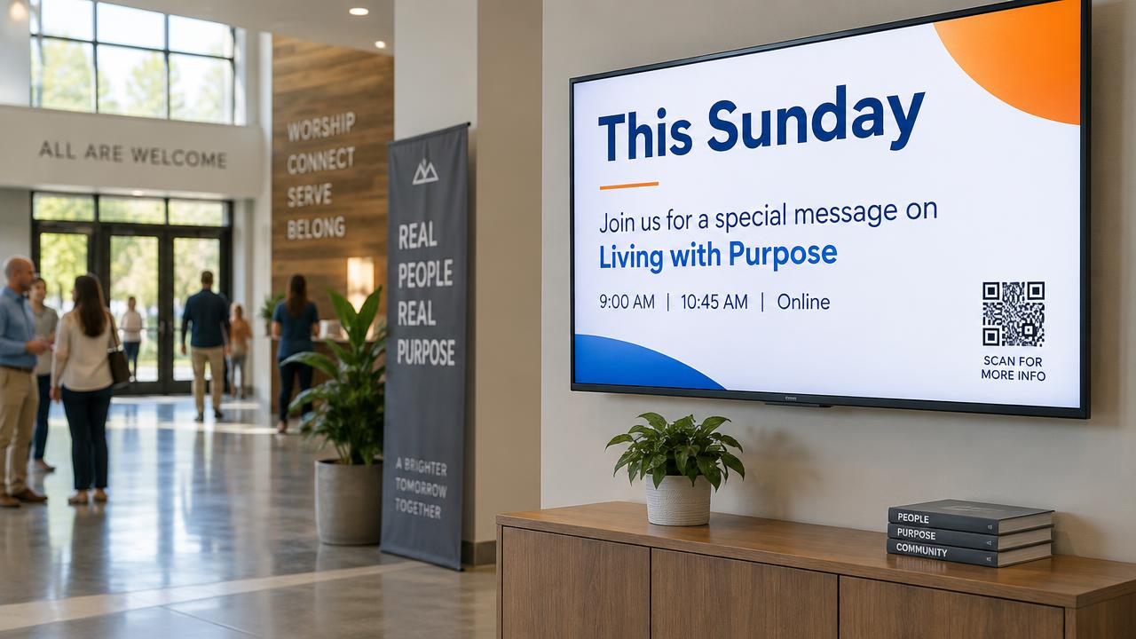 Church lobby screen showing a full-screen bulletin announcement slide with a QR code