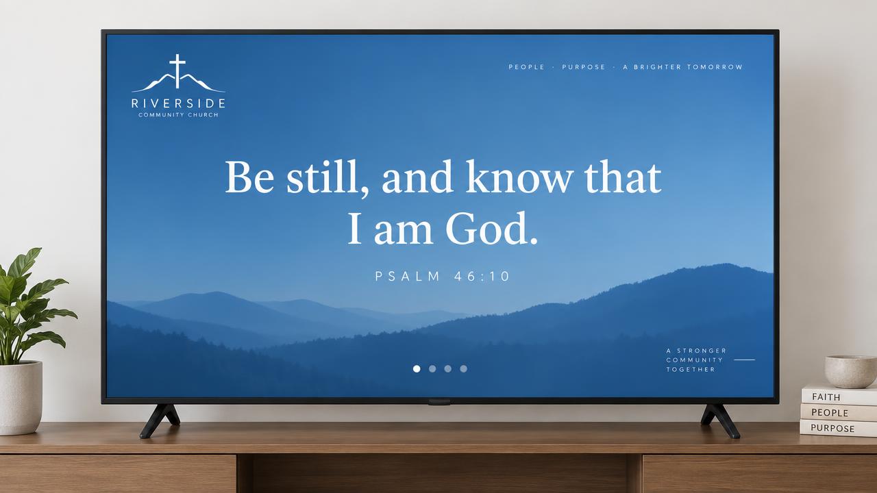 Television showing a full-screen verse of the day slide from a church bulletin with church logo and progress dots
